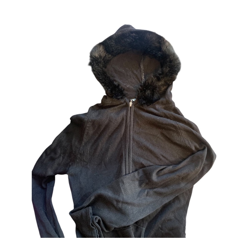 bebe Black Hooded Sweater with Faux Fur Trim
